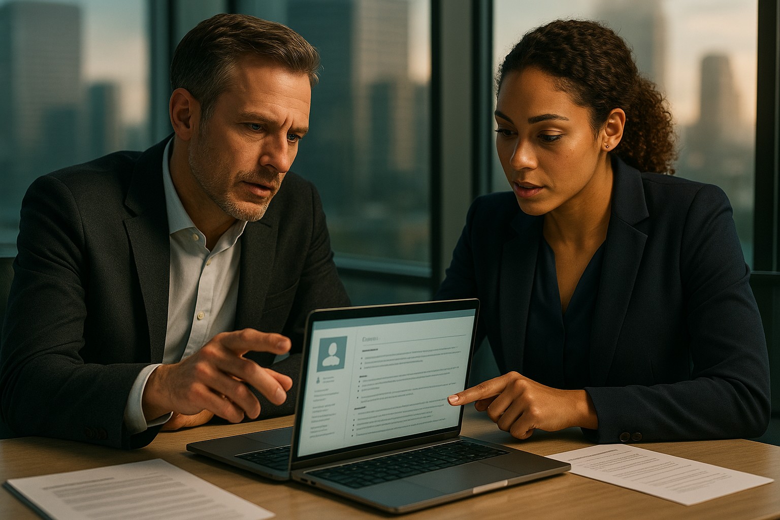 Account Manager reviewing team performance with a recruiter